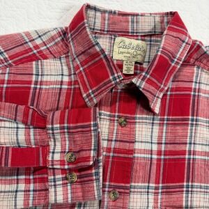 Cabelas Plaid Flannel Shirt Red Blue Tan Mens XL Long Sleeve Button Up Outdoors
